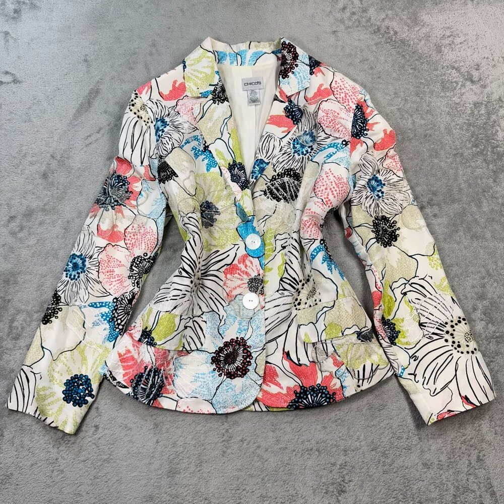 Chicos Floral Embroidered Silk Blazer Colorful Indie Statement Jacket Size 1